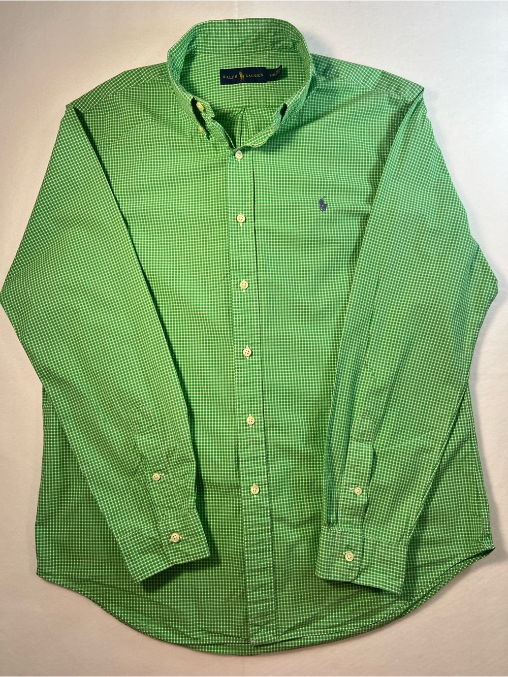 Ralph Lauren Men’s Two-Ply Cotton Gingham Green Button Up Shirt Size L